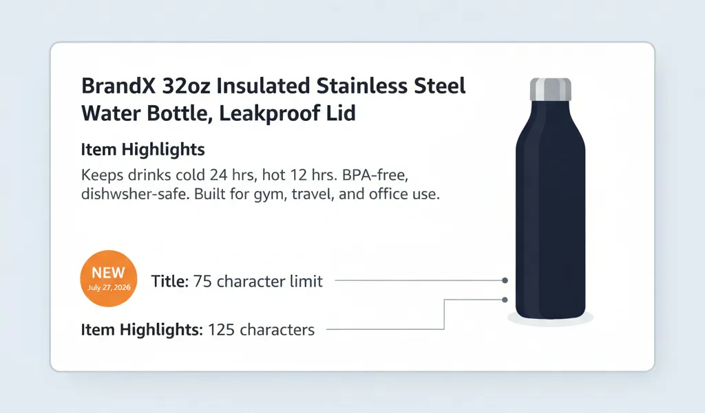 Amazon product title shrinking to 75 characters with overflow keywords moving into a separate Item Highlights field