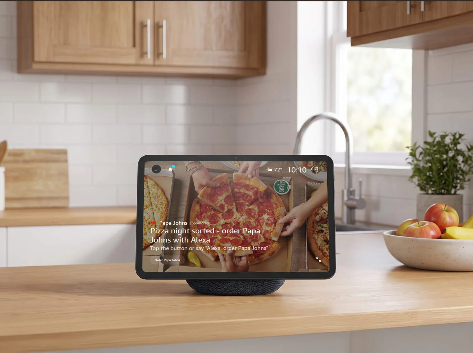 Amazon Echo Show showing an Alexa+ Agentic Ad completing a purchase within a conversation.