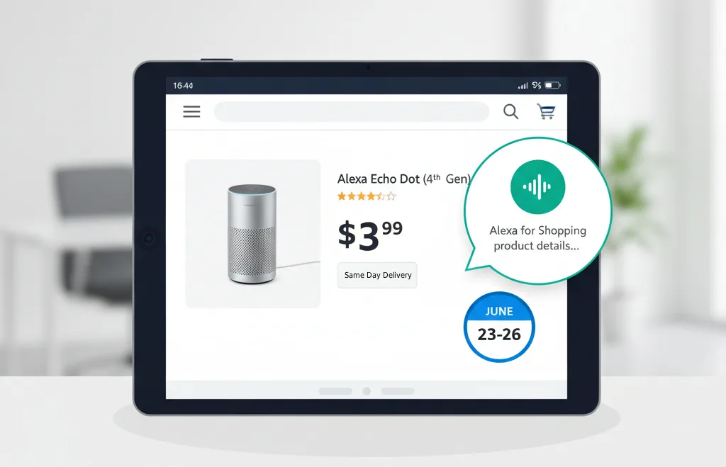 Amazon Prime Day 2026 product page read by Alexa for Shopping AI assistant, June 23-26