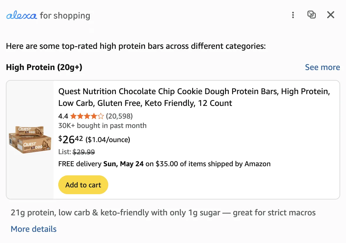 Mockup of an Alexa for Shopping conversation showing a category question, aggregated answer, and Sponsored Products placement on Amazon