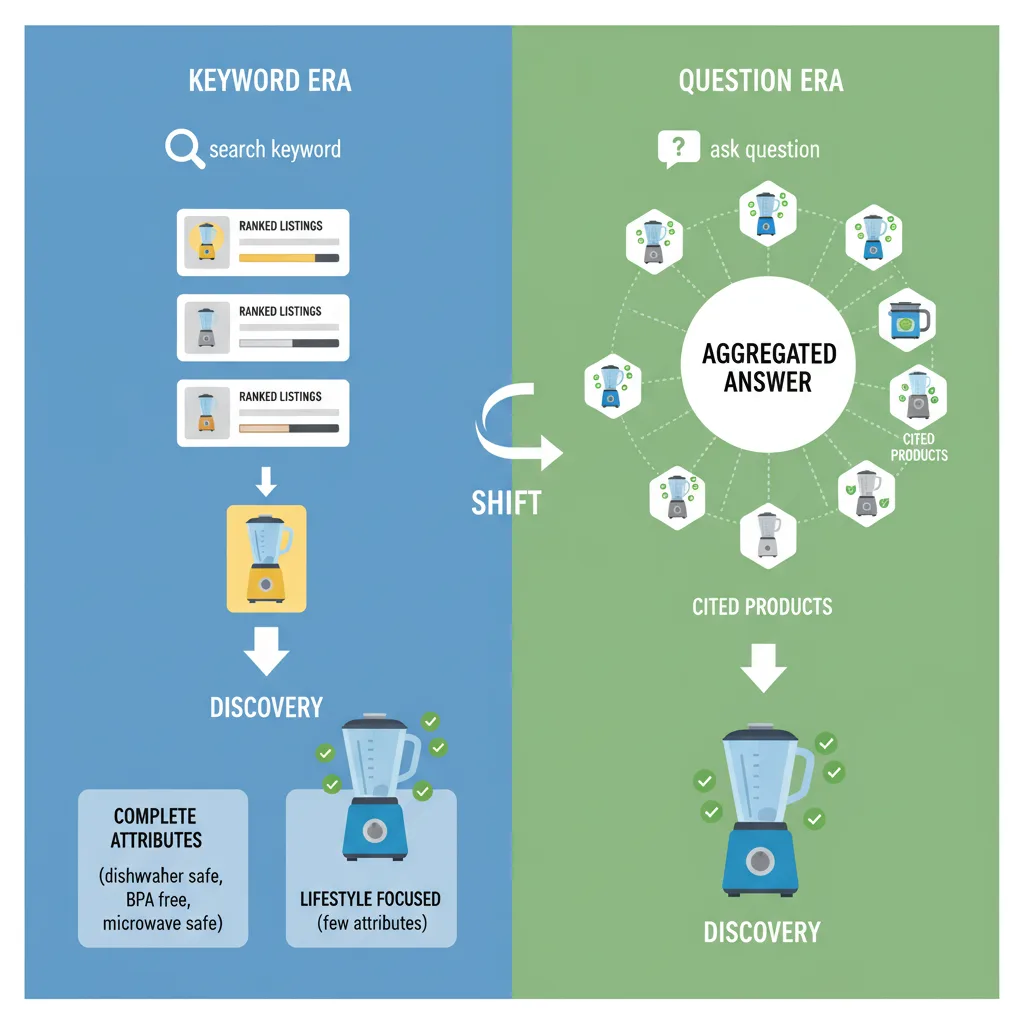 Side-by-side comparison of traditional keyword search ranking versus Alexa for Shopping aggregated category answer with cited products