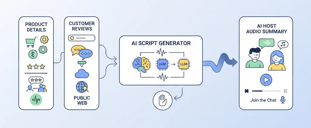 Diagram, three vertical columns showing data inputs (Product Details, Customer Reviews, Public Web) feeding into a central AI script generator, which outputs the AI host audio summary on the right.