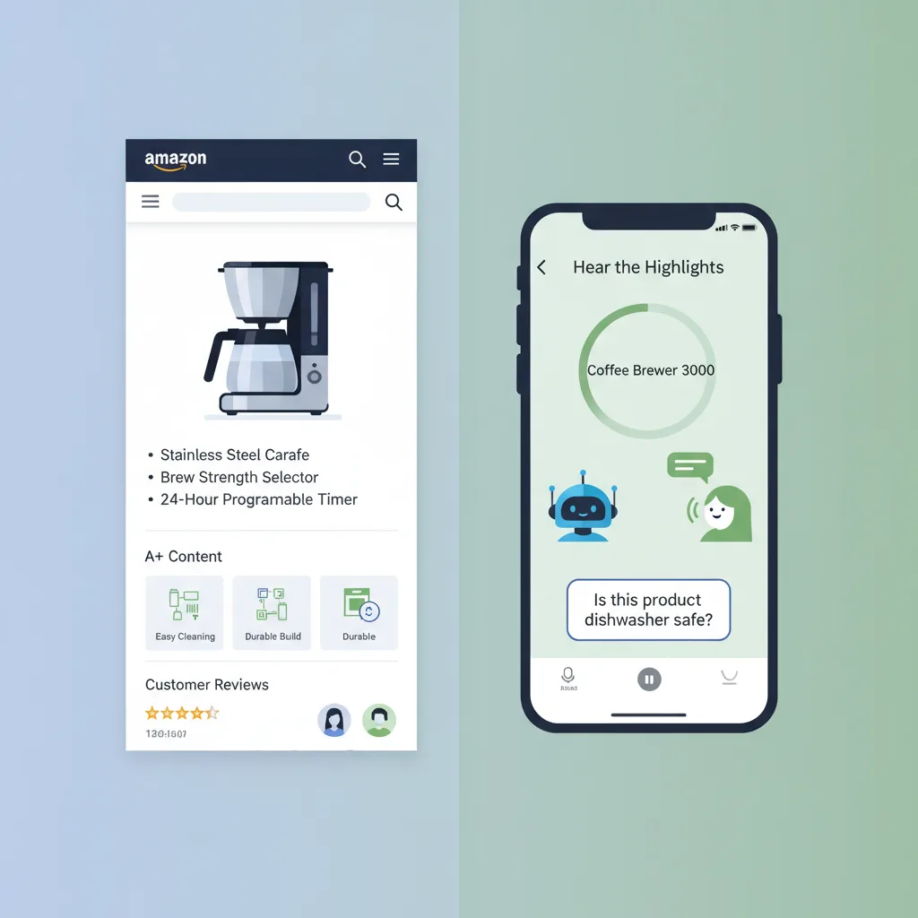 Left side shows a traditional Amazon product detail page with bullets, A+ content, and reviews. Right side shows a smartphone with the Hear the Highlights audio player open, two animated AI host avatars mid-conversation, and a buyer's typed question floating between them: 'Is this product dishwasher safe?
