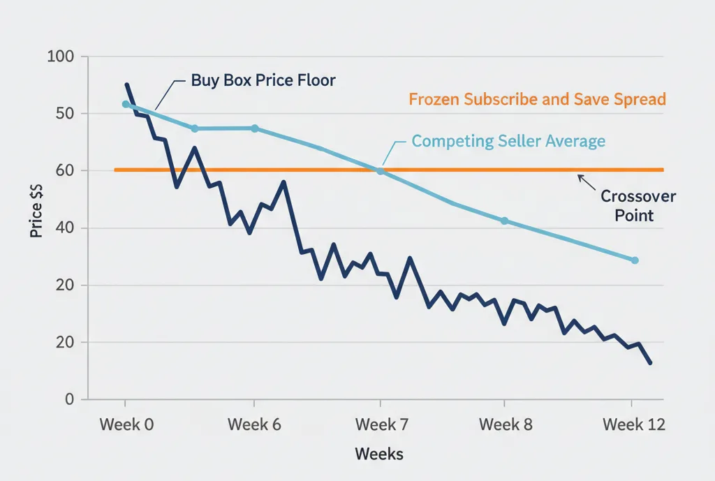 Line chart showing Buy Box price floor drift over 12 weeks, with a frozen Subscribe and Save spread line crossing above the competing seller average around week eight.
