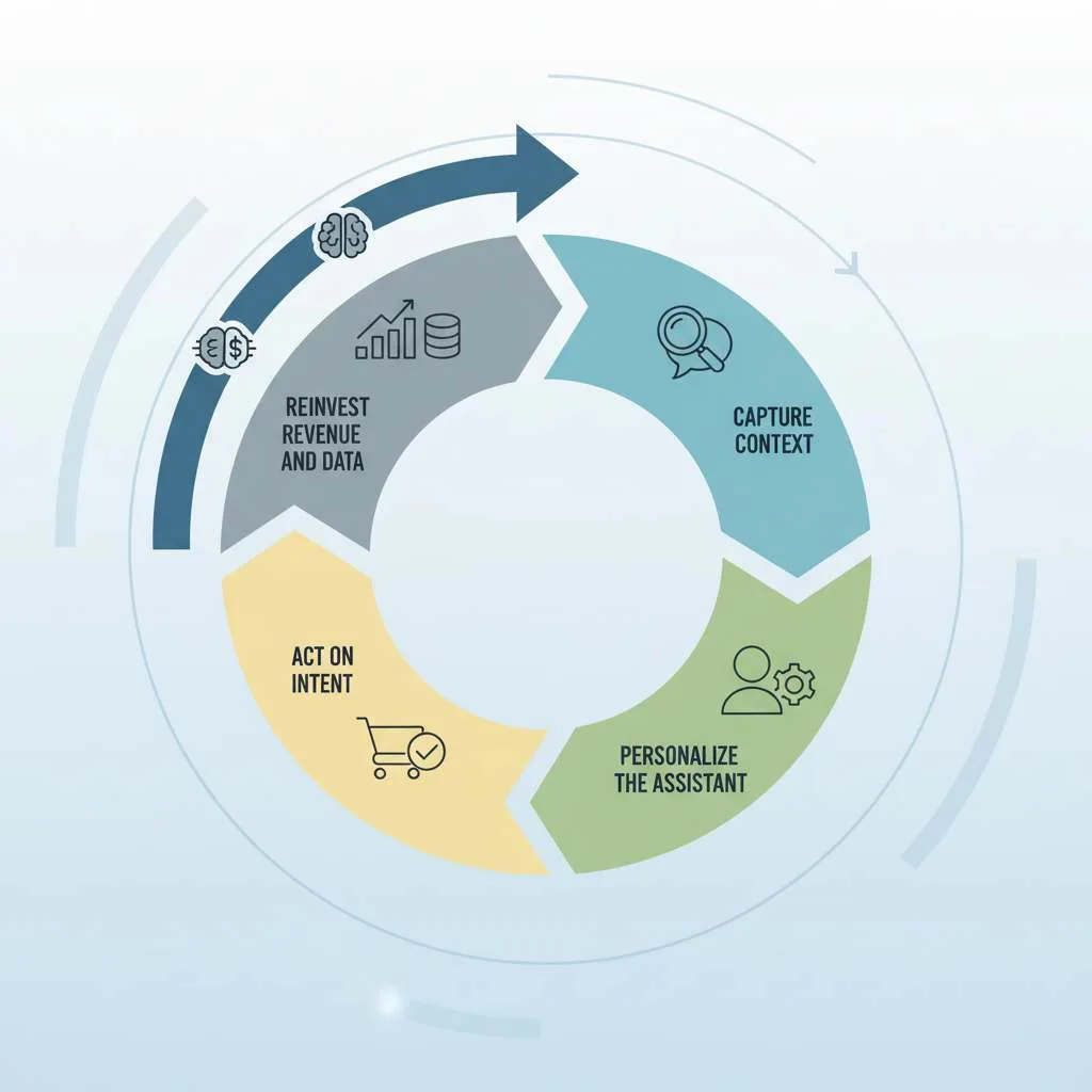 Four-stage Amazon AI flywheel, capture context, personalize the assistant, act on intent, reinvest revenue and data, with a return arrow closing the loop.