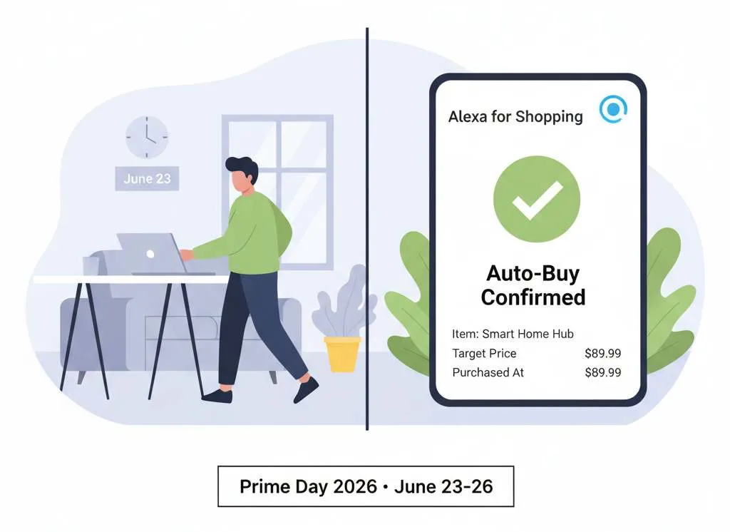 Shopper walking away while Alexa for Shopping auto-buys at a target price during Prime Day 2026 (June 23&ndash;26)