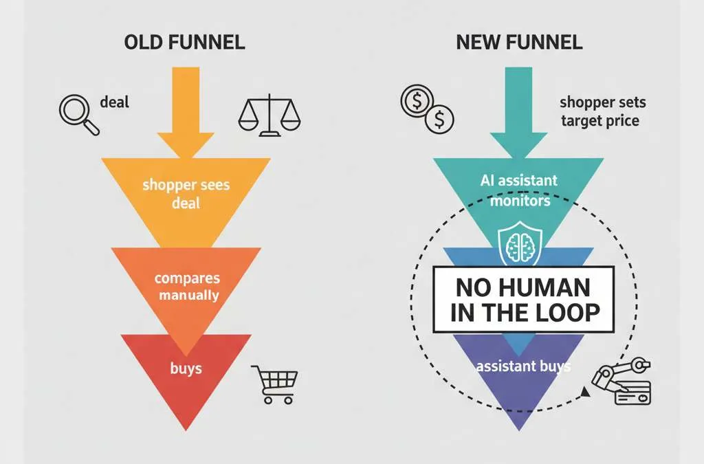 Diagram comparing the old Prime Day buying funnel to the new assistant-driven auto-buy funnel with no human in the loop