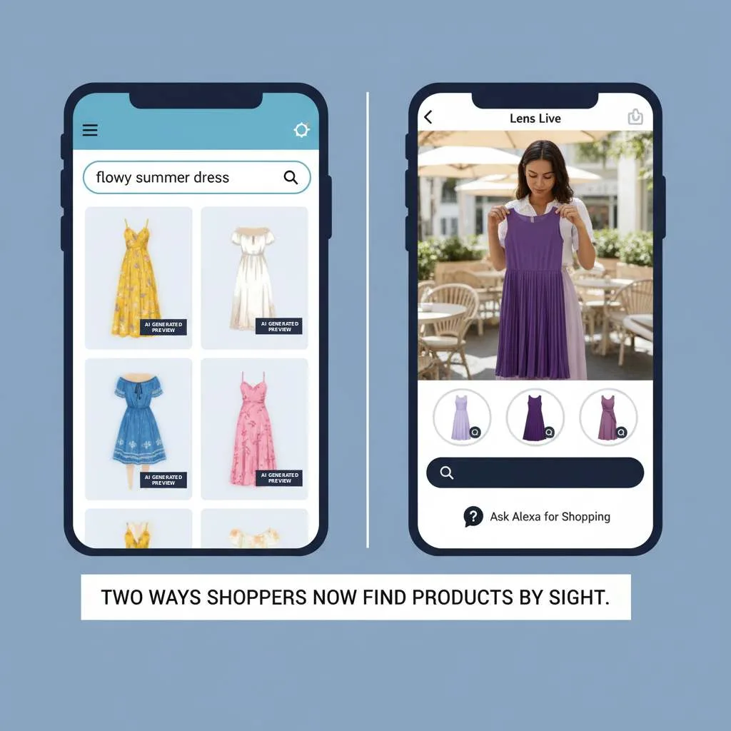 Amazon search bar showing AI-generated dress previews beside a Lens Live camera carousel
