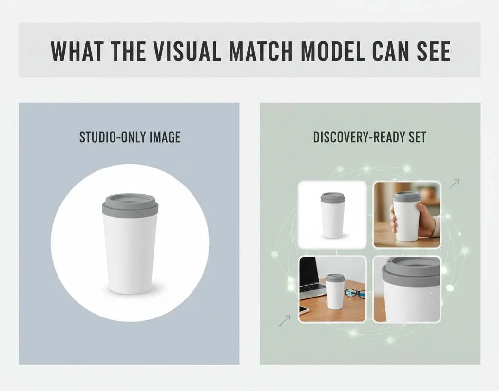 Studio-only Amazon image versus a discovery-ready set with in-hand and in-room shots