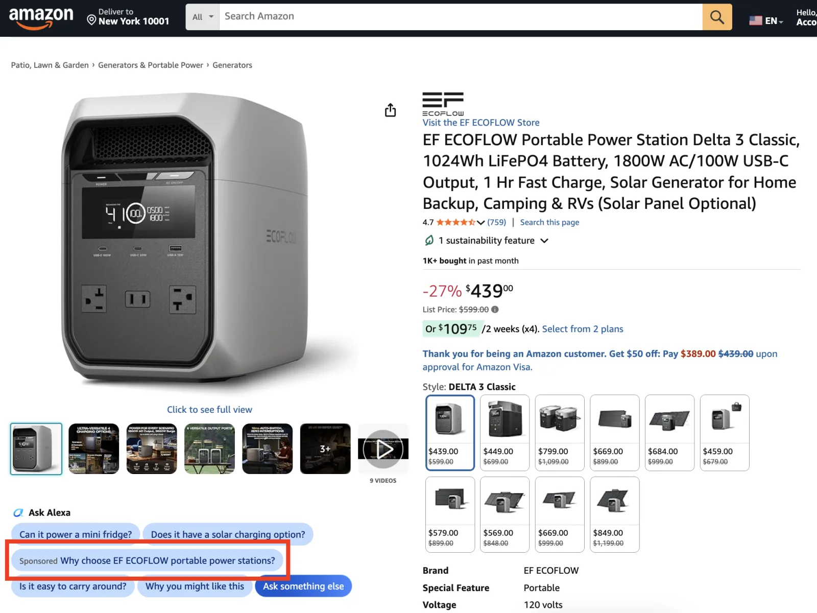 Sponsored-labeled prompt question on an Amazon product detail page