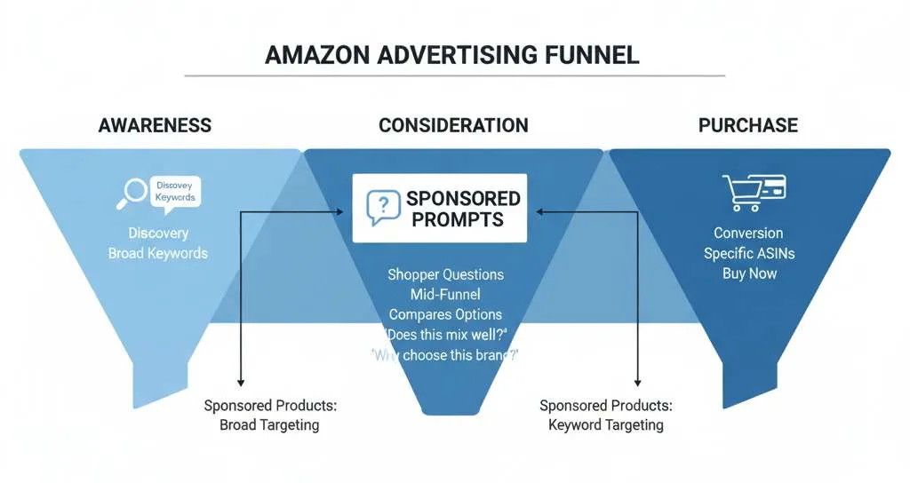 Diagram showing Sponsored Prompts at the consideration stage of the Amazon ad funnel