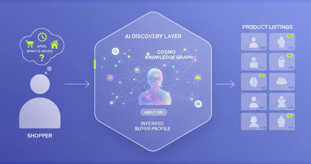 Diagram of Amazon’s AI discovery layer placing an inferred buyer profile between a shopper and product listings