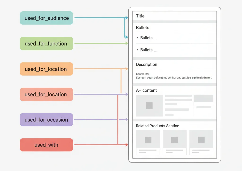 COSMO knowledge graph relation types mapped to Amazon listing elements: title, bullets, A+ content